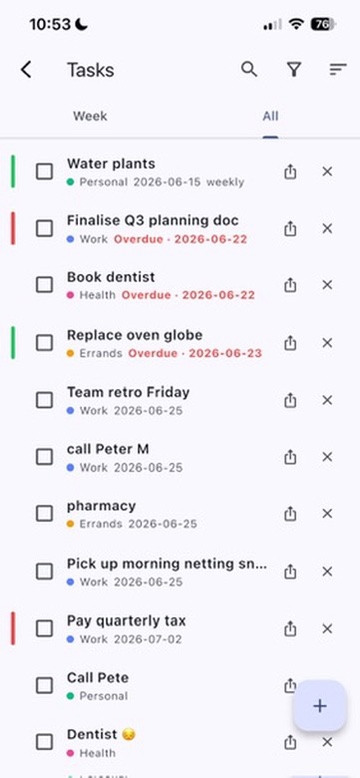 Overdue surfaced. Recurrence respected. Categories colour-coded so the list reads.