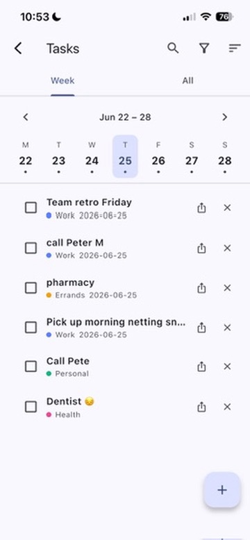 Tasks with due dates and categories. The week or the full list, whichever you need.