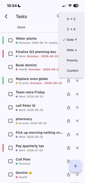 Sort by name, date, or priority. Pick Custom to drag the list into the order you want.