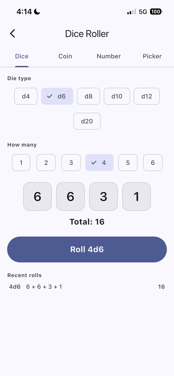 d4 through d20. Any number of dice. Total at a glance.