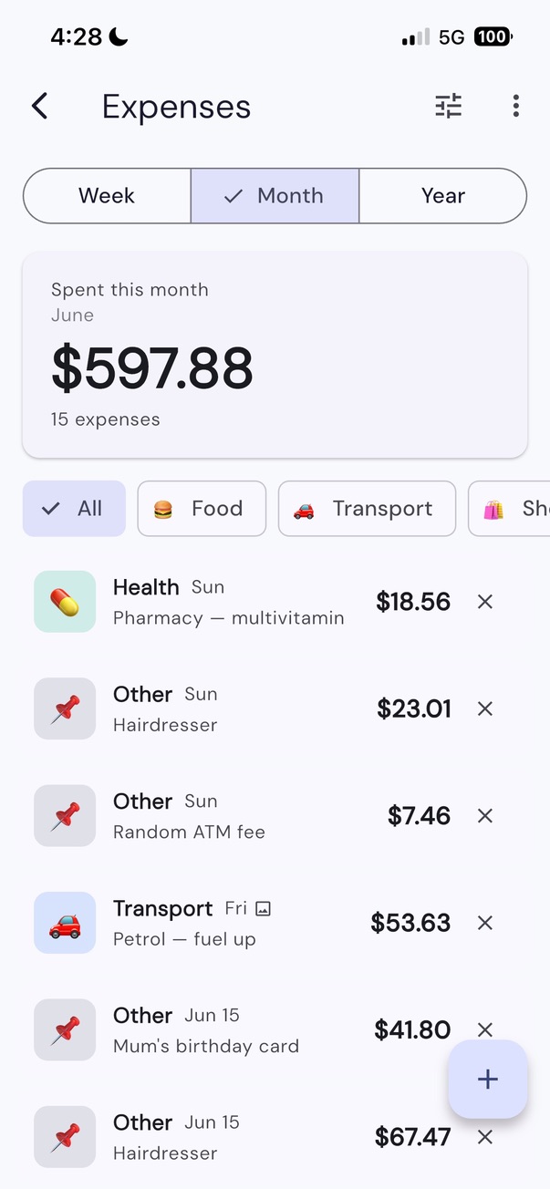 Log an expense in seconds. Week, month, or year, filtered the same way.