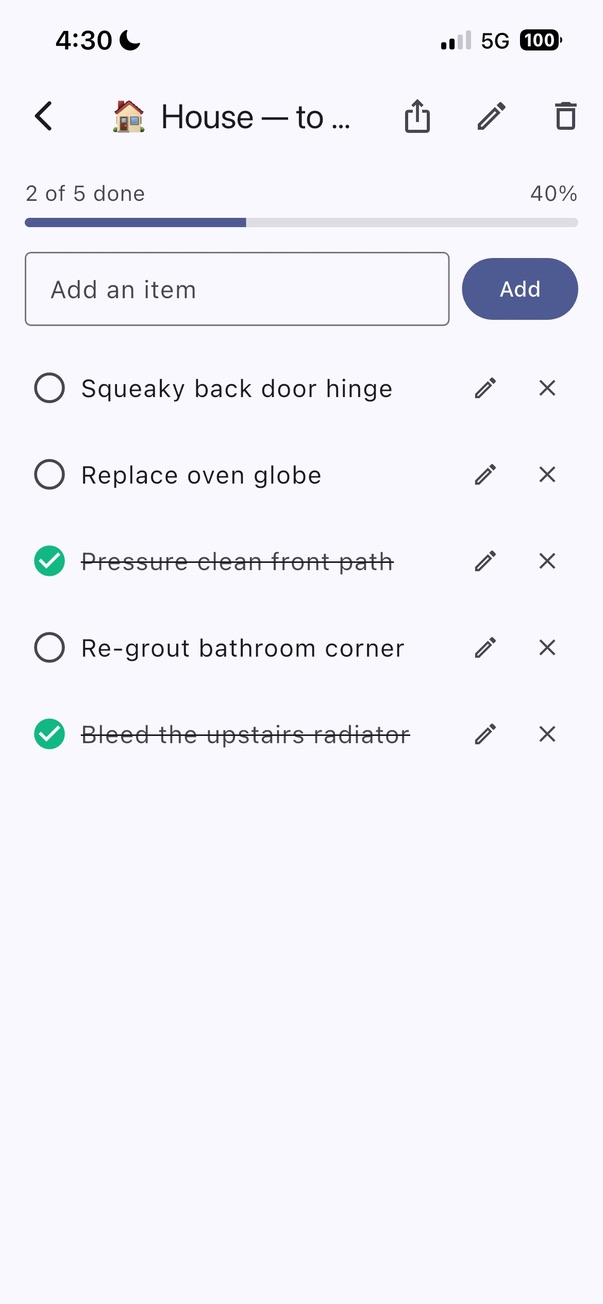 Tap to check. Strike-through stays so you remember what's done.