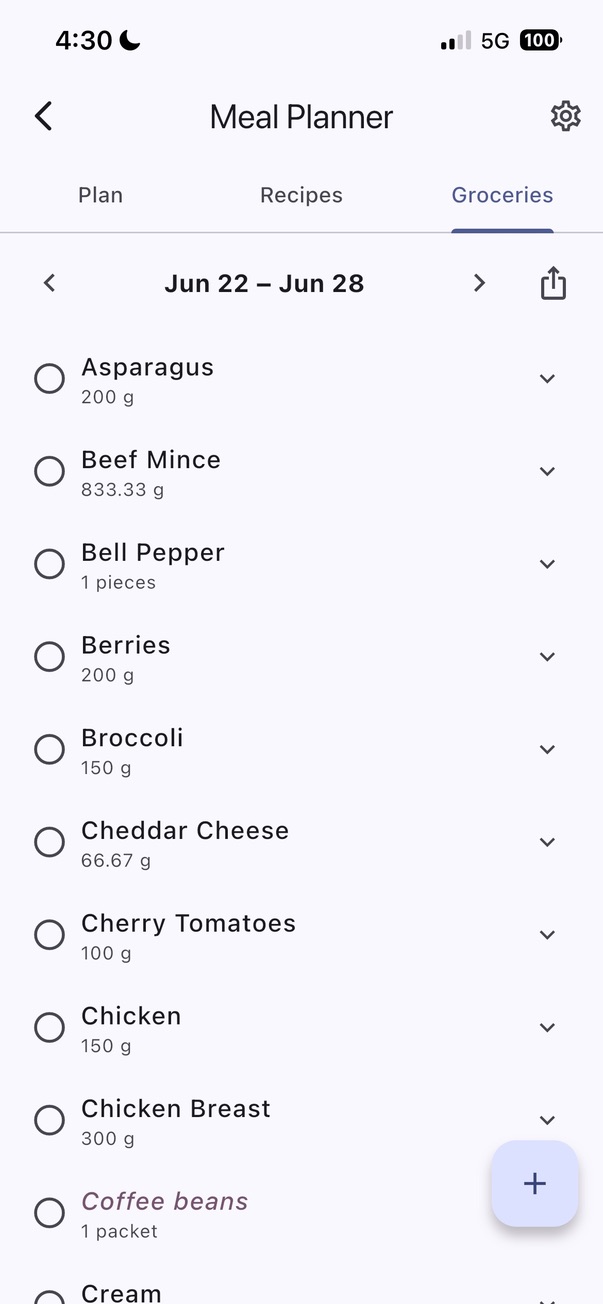Groceries build themselves from the meals you planned. Add your own; they sit alphabetically in the same list.