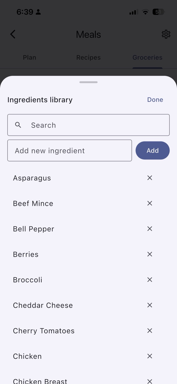 An ingredients library you build once and reuse across recipes, so the grocery list stays consistent.