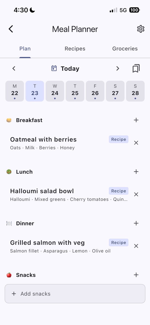 A week of meals, planned. Breakfast, lunch, dinner, snacks. Or just dinner.