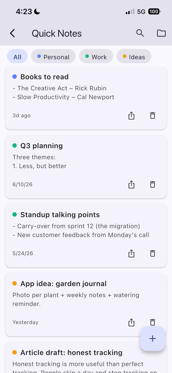 Notes by colour, filter by tap. Folders, when you want them.