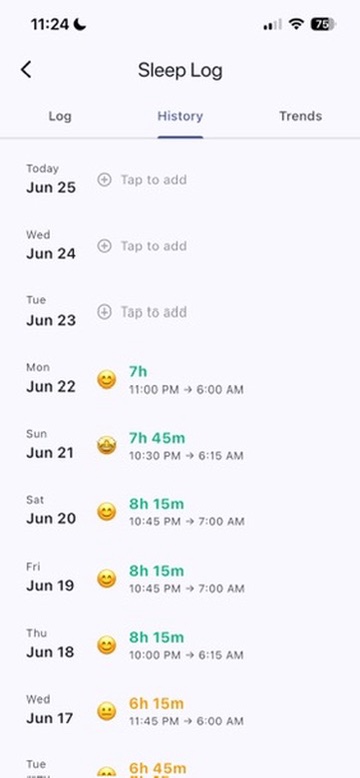 Recent nights at a glance. Tap any day to add or edit.