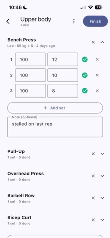 An active session resumes even if the phone reboots. Last time's weight pre-fills so you don't lose your numbers.