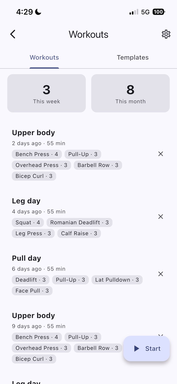 Sets, reps, weight, notes. Last time's numbers pre-filled. The history that matters is right there.