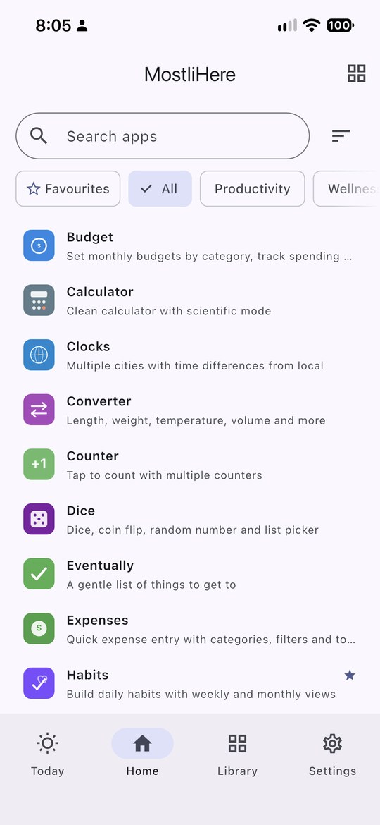 Home screen showing all apps as a list