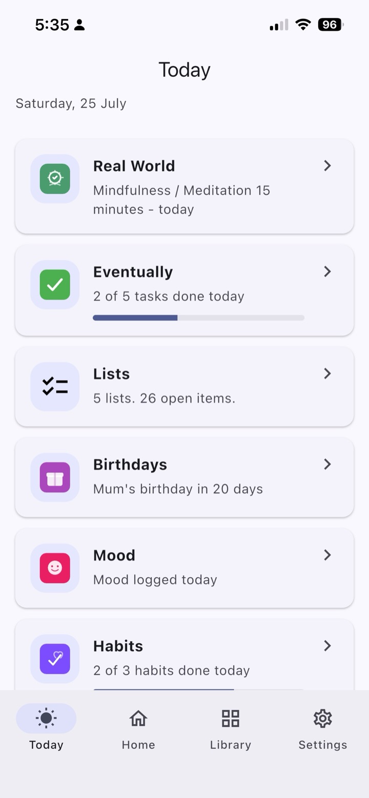 MostliHere Today screen showing a daily summary of tasks, habits, mood, water, meals, birthdays, expenses, and real-world plans.