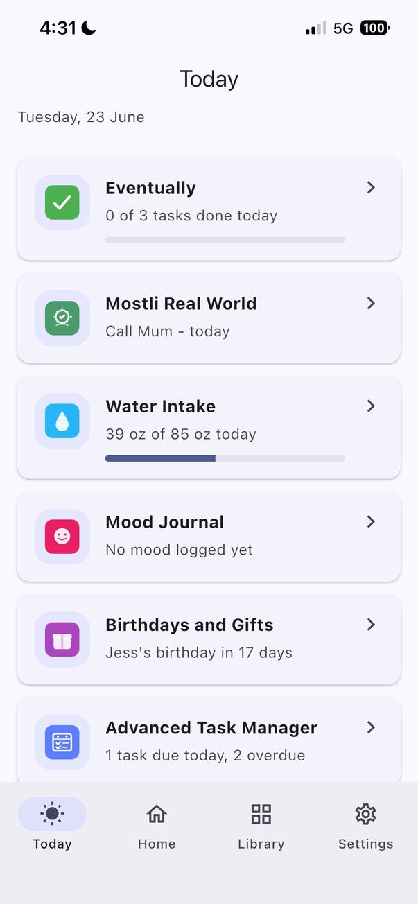 MostliHere Today screen showing a daily summary of tasks, habits, mood, water, meals, birthdays, expenses, and real-world plans.